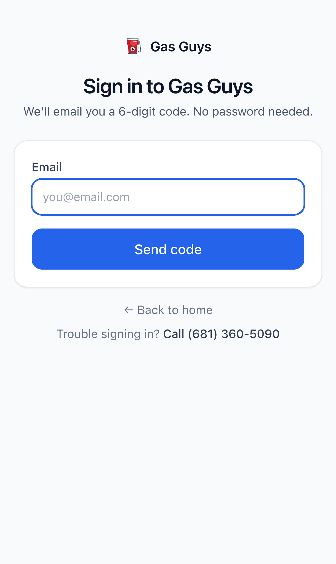 Gas Guys passwordless sign-in
