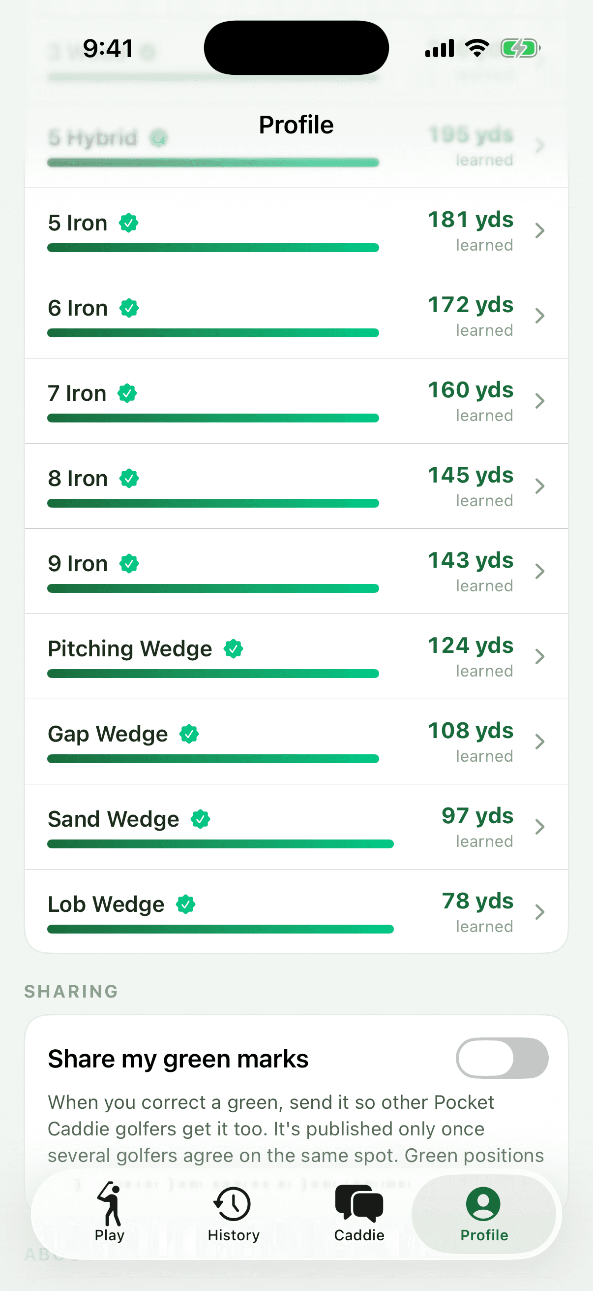 Pocket Caddie per-club learned distances