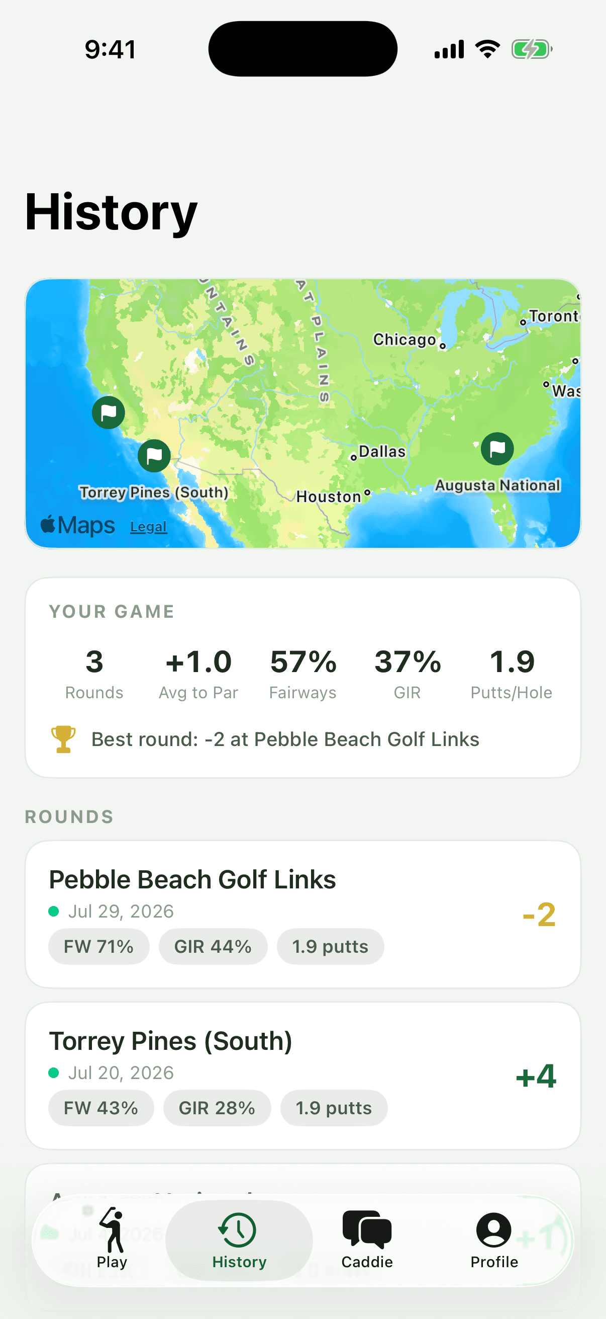 Pocket Caddie round history and stats